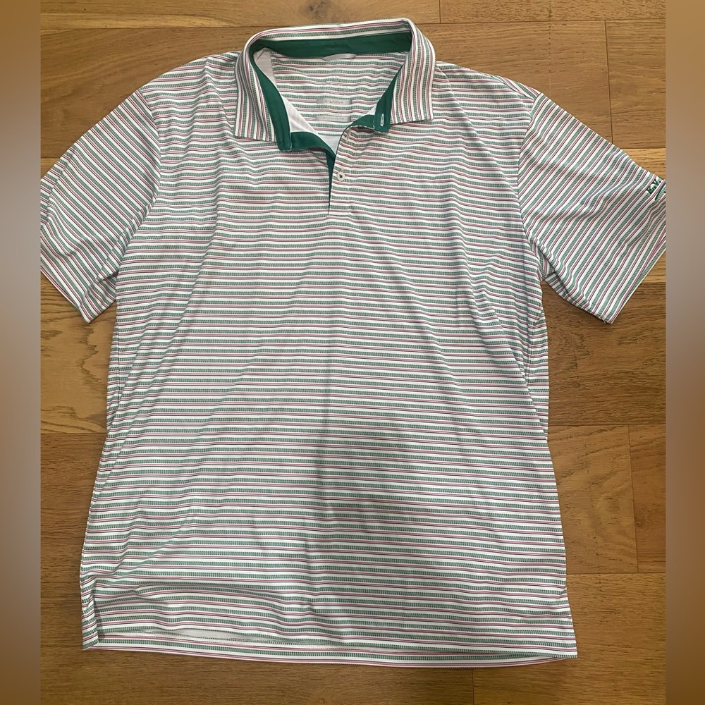 Swannies Men's Green, Pink, & White Striped Golf Tee Polo Shirt w/ logos XL VGUC